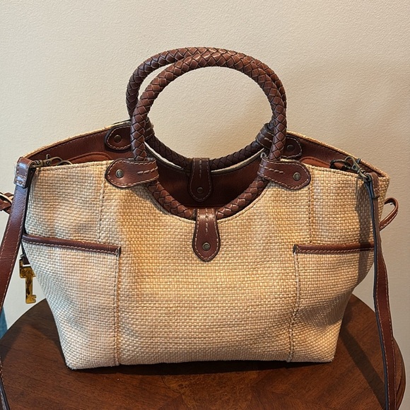 Fossil  straw satchel  Crossbody bag embroidered/beads tan/brown leather trim - Picture 12 of 17
